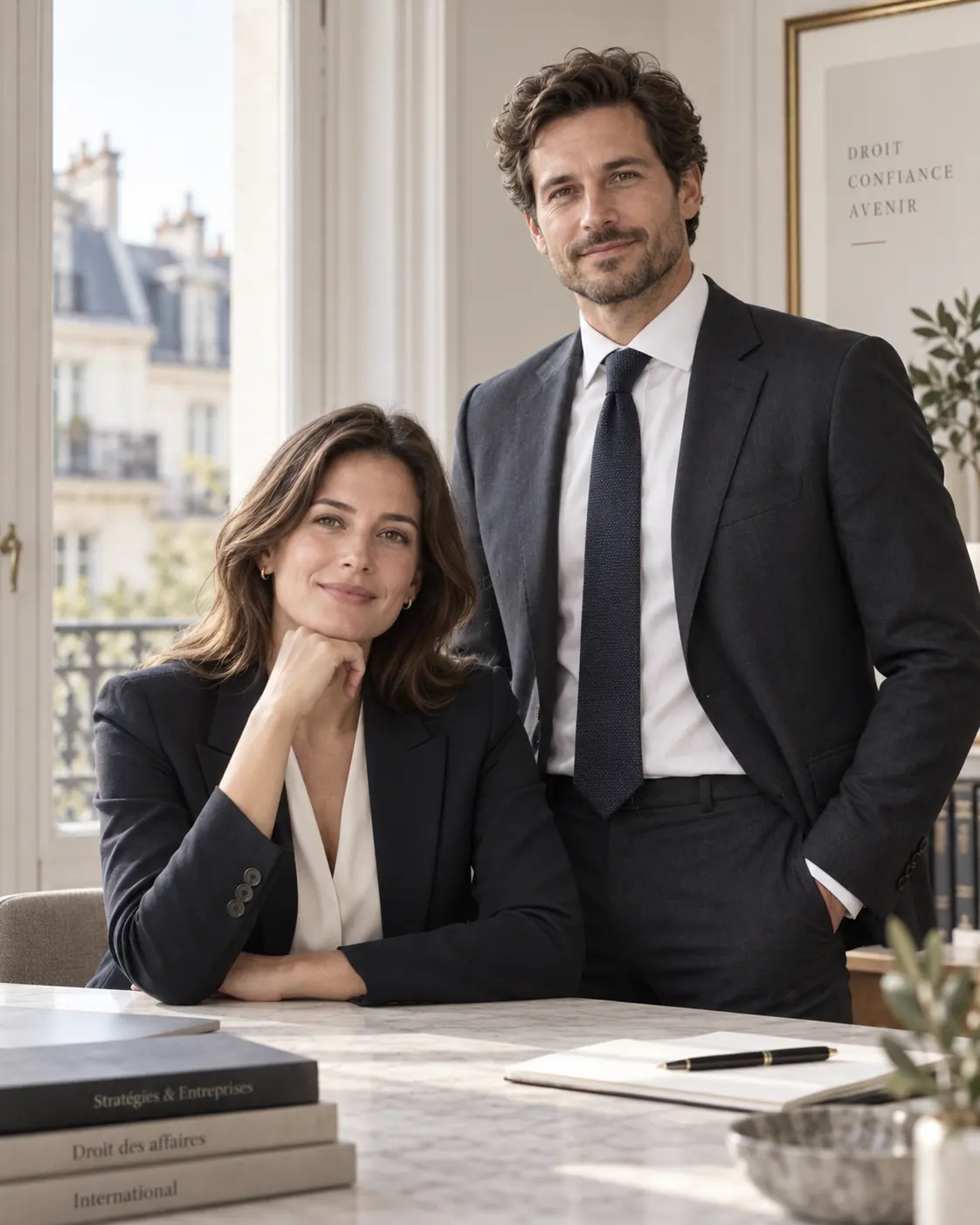 Image d’ambiance : deux personnes en tenue professionnelle, dans le registre visuel du concept