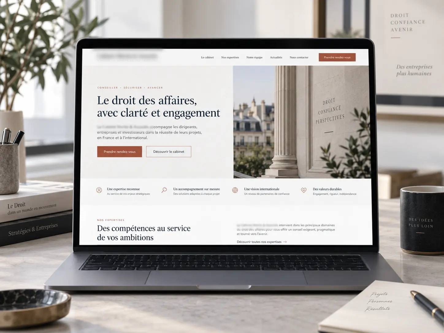 Concept de site pour un cabinet d’avocats fictif, vu sur ordinateur portable